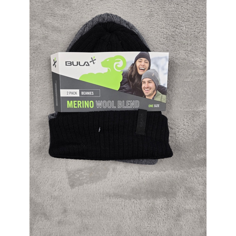 Bula Beanies Hats Unisex One Size Black Grey 2 Pack Merino Wool Blend Ribbed